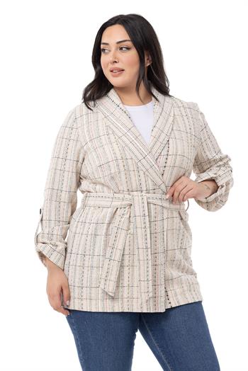 Büyük Beden Şal Yaka Katlamalı Kollu Kuşaklı Ekru Haki Ceket