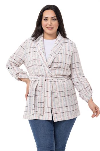 Büyük Beden Şal Yaka Katlamalı Kollu Kuşaklı Ekru Pembe Ceket