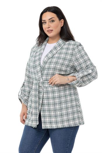 Büyük Beden Şal Yaka Katlamalı Kollu Kuşaklı Haki Ceket