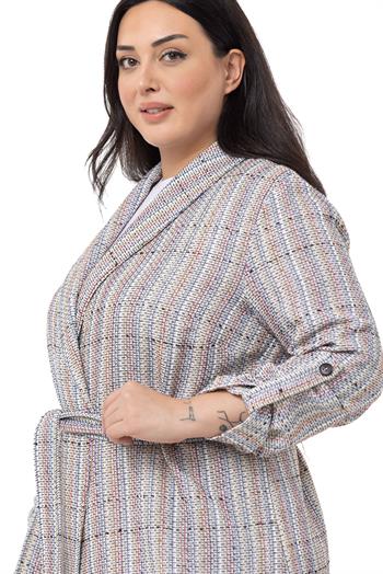 Büyük Beden Şal Yaka Katlamalı Kollu Kuşaklı Ekru Lila Ceket