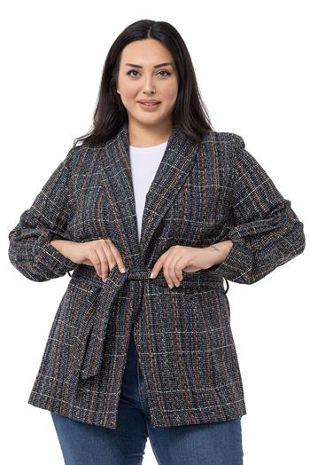 Büyük Beden Şal Yaka Katlamalı Kollu Kuşaklı Siyah Ceket