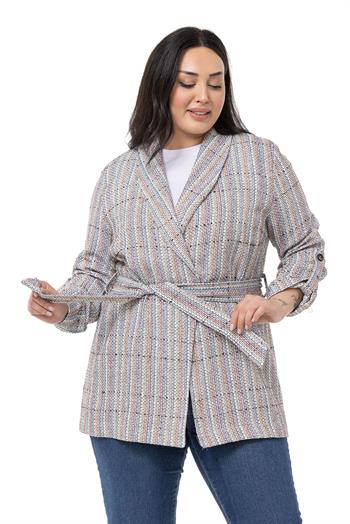 Büyük Beden Şal Yaka Katlamalı Kollu Kuşaklı Ekru Lila Ceket