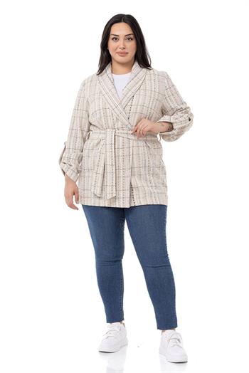 Büyük Beden Şal Yaka Katlamalı Kollu Kuşaklı Ekru Haki Ceket