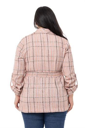 Büyük Beden Şal Yaka Katlamalı Kollu Kuşaklı Ekru Kiremit Ceket