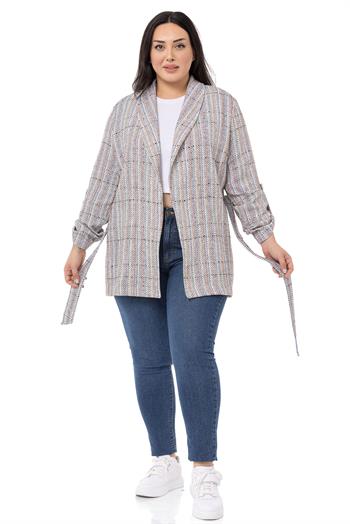 Büyük Beden Şal Yaka Katlamalı Kollu Kuşaklı Ekru Lila Ceket