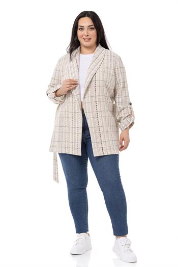Büyük Beden Şal Yaka Katlamalı Kollu Kuşaklı Ekru Haki Ceket