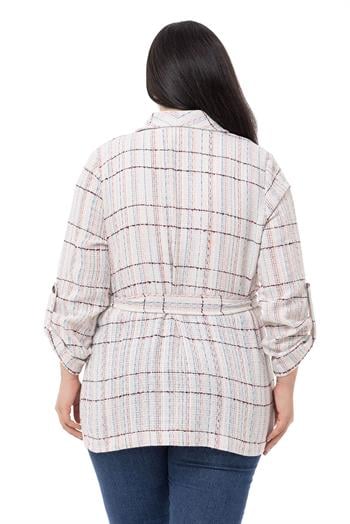 Büyük Beden Şal Yaka Katlamalı Kollu Kuşaklı Ekru Pembe Ceket