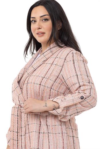 Büyük Beden Şal Yaka Katlamalı Kollu Kuşaklı Ekru Kiremit Ceket