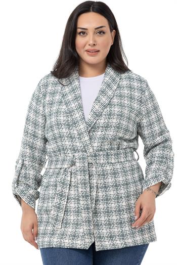 Büyük Beden Şal Yaka Katlamalı Kollu Kuşaklı Haki Ceket