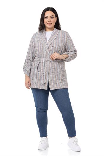Büyük Beden Şal Yaka Katlamalı Kollu Kuşaklı Ekru Lila Ceket