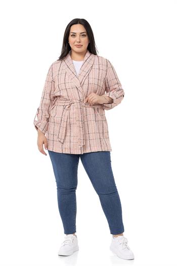Büyük Beden Şal Yaka Katlamalı Kollu Kuşaklı Ekru Kiremit Ceket
