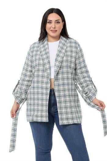 Büyük Beden Şal Yaka Katlamalı Kollu Kuşaklı Haki Ceket