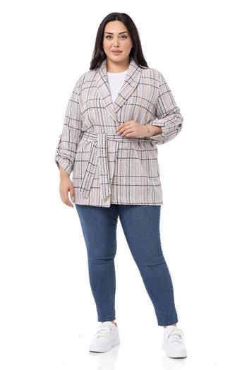 Büyük Beden Şal Yaka Katlamalı Kollu Kuşaklı Ekru Lacivert Ceket