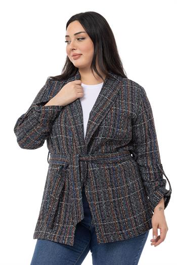 Büyük Beden Şal Yaka Katlamalı Kollu Kuşaklı Siyah Ceket