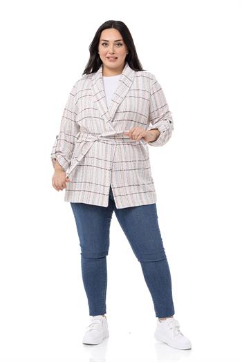 Büyük Beden Şal Yaka Katlamalı Kollu Kuşaklı Ekru Pembe Ceket