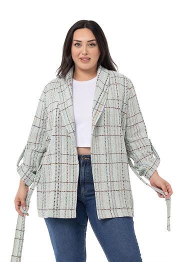 Büyük Beden Şal Yaka Katlamalı Kollu Kuşaklı Su Yeşili Ceket