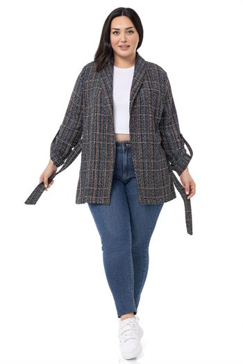 Büyük Beden Şal Yaka Katlamalı Kollu Kuşaklı Siyah Ceket