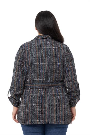 Büyük Beden Şal Yaka Katlamalı Kollu Kuşaklı Siyah Ceket