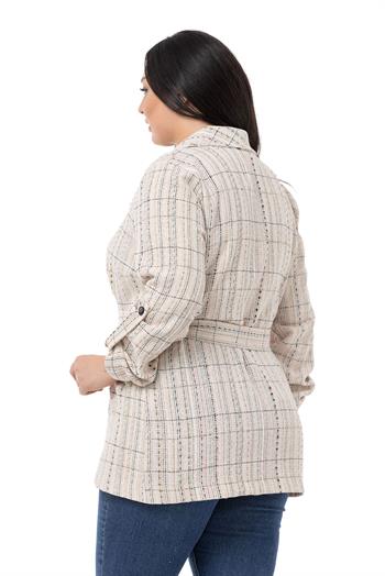 Büyük Beden Şal Yaka Katlamalı Kollu Kuşaklı Ekru Haki Ceket