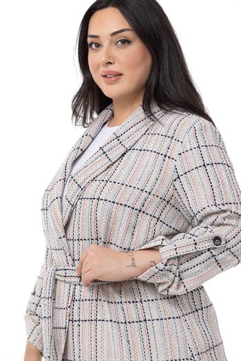 Büyük Beden Şal Yaka Katlamalı Kollu Kuşaklı Ekru Lacivert Ceket