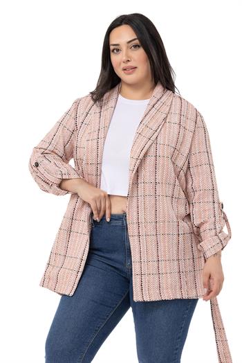 Büyük Beden Şal Yaka Katlamalı Kollu Kuşaklı Ekru Kiremit Ceket