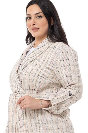 Büyük Beden Şal Yaka Katlamalı Kollu Kuşaklı Ekru Haki Ceket