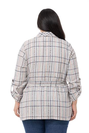 Büyük Beden Şal Yaka Katlamalı Kollu Kuşaklı Ekru Lacivert Ceket