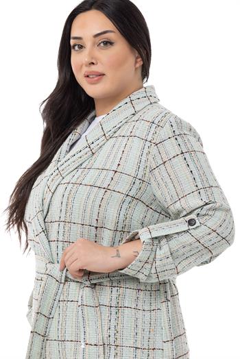 Büyük Beden Şal Yaka Katlamalı Kollu Kuşaklı Su Yeşili Ceket