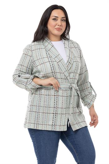 Büyük Beden Şal Yaka Katlamalı Kollu Kuşaklı Su Yeşili Ceket