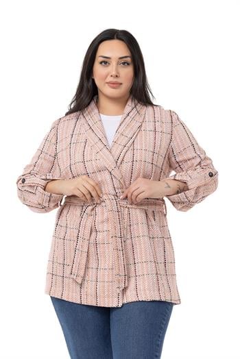 Büyük Beden Şal Yaka Katlamalı Kollu Kuşaklı Ekru Kiremit Ceket