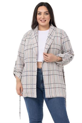 Büyük Beden Şal Yaka Katlamalı Kollu Kuşaklı Ekru Lacivert Ceket