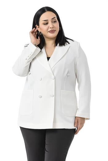 Büyük Beden Saten Yaka ve Düğme Detaylı Cepli Astarlı Beyaz Ceket