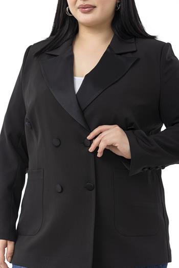 Büyük Beden Saten Yaka ve Düğme Detaylı Cepli Astarlı Siyah Ceket