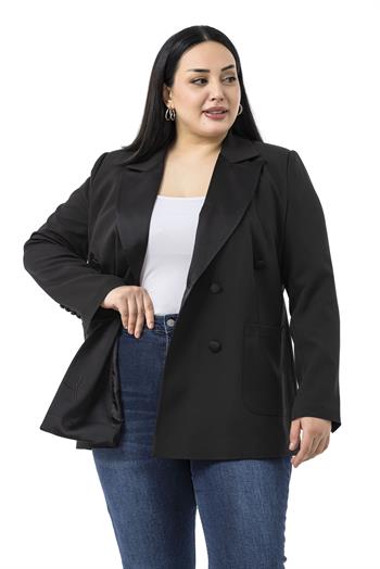 Büyük Beden Saten Yaka ve Düğme Detaylı Cepli Astarlı Siyah Ceket