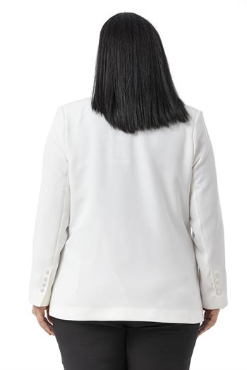 Büyük Beden Saten Yaka ve Düğme Detaylı Cepli Astarlı Beyaz Ceket