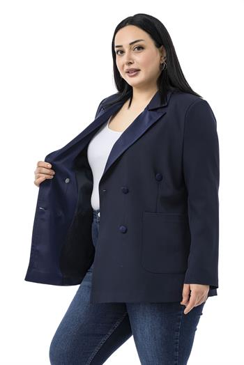 Büyük Beden Saten Yaka ve Düğme Detaylı Cepli Astarlı Lacivert Ceket