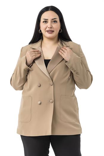 Büyük Beden Saten Yaka ve Düğme Detaylı Cepli Astarlı Vizon Ceket