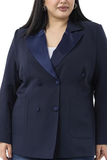 Büyük Beden Saten Yaka ve Düğme Detaylı Cepli Astarlı Lacivert Ceket