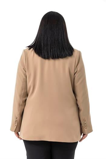 Büyük Beden Saten Yaka ve Düğme Detaylı Cepli Astarlı Vizon Ceket