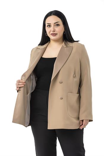 Büyük Beden Saten Yaka ve Düğme Detaylı Cepli Astarlı Vizon Ceket
