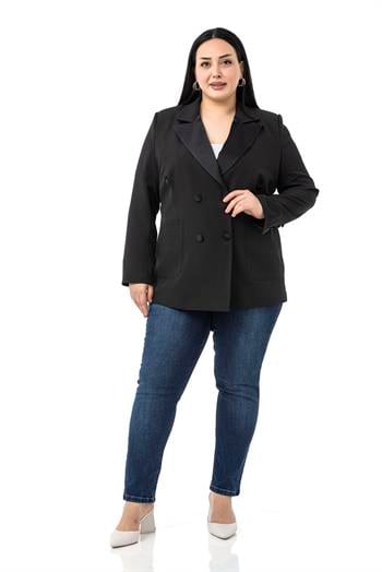 Büyük Beden Saten Yaka ve Düğme Detaylı Cepli Astarlı Siyah Ceket