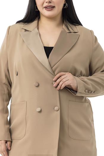 Büyük Beden Saten Yaka ve Düğme Detaylı Cepli Astarlı Vizon Ceket