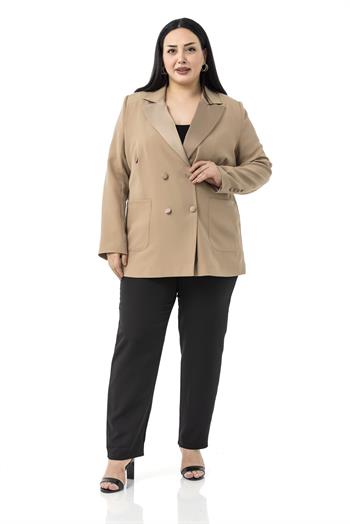 Büyük Beden Saten Yaka ve Düğme Detaylı Cepli Astarlı Vizon Ceket