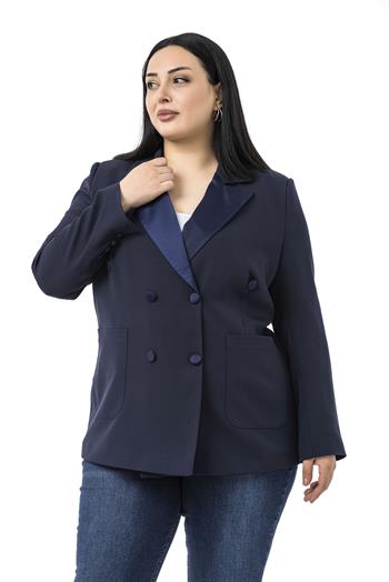 Büyük Beden Saten Yaka ve Düğme Detaylı Cepli Astarlı Lacivert Ceket