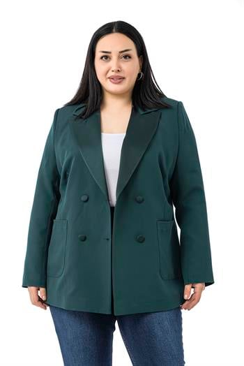 Büyük Beden Saten Yaka ve Düğme Detaylı Cepli Astarlı Zümrüt Yeşili Ceket