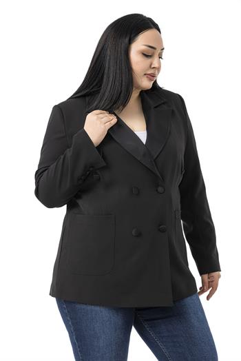 Büyük Beden Saten Yaka ve Düğme Detaylı Cepli Astarlı Siyah Ceket
