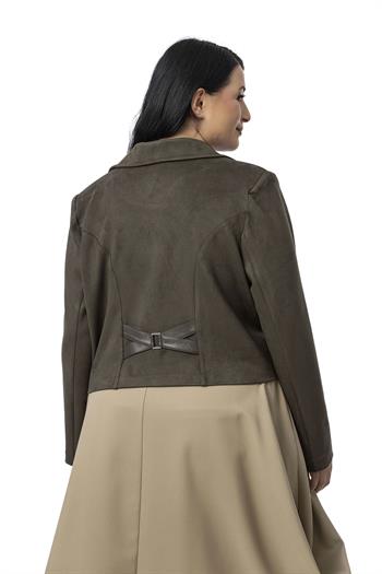 Büyük Beden Sırtta Deri Çapraz Bant Detaylı Yarım Kuşaklı Kısa Süet Haki Ceket