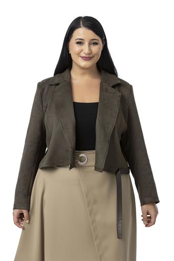 Büyük Beden Sırtta Deri Çapraz Bant Detaylı Yarım Kuşaklı Kısa Süet Haki Ceket