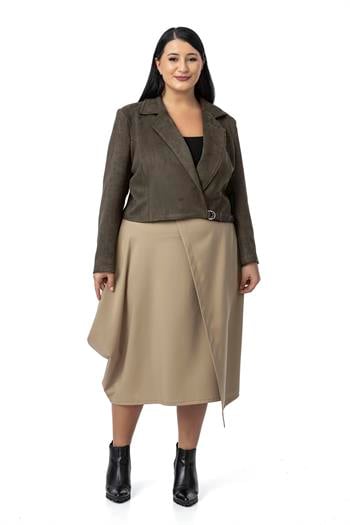 Büyük Beden Sırtta Deri Çapraz Bant Detaylı Yarım Kuşaklı Kısa Süet Haki Ceket