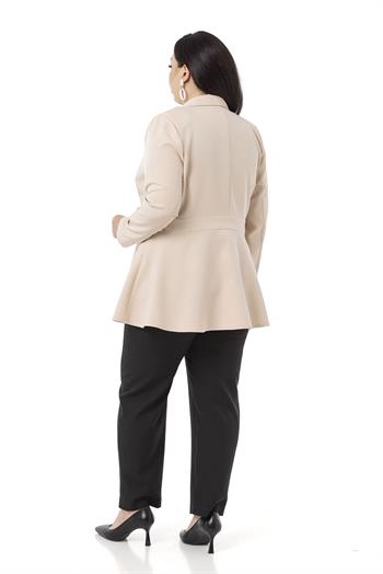 Büyük Beden Tek Düğmeli Belde Bant Detaylı Kloş Astarsız Krem Ceket 